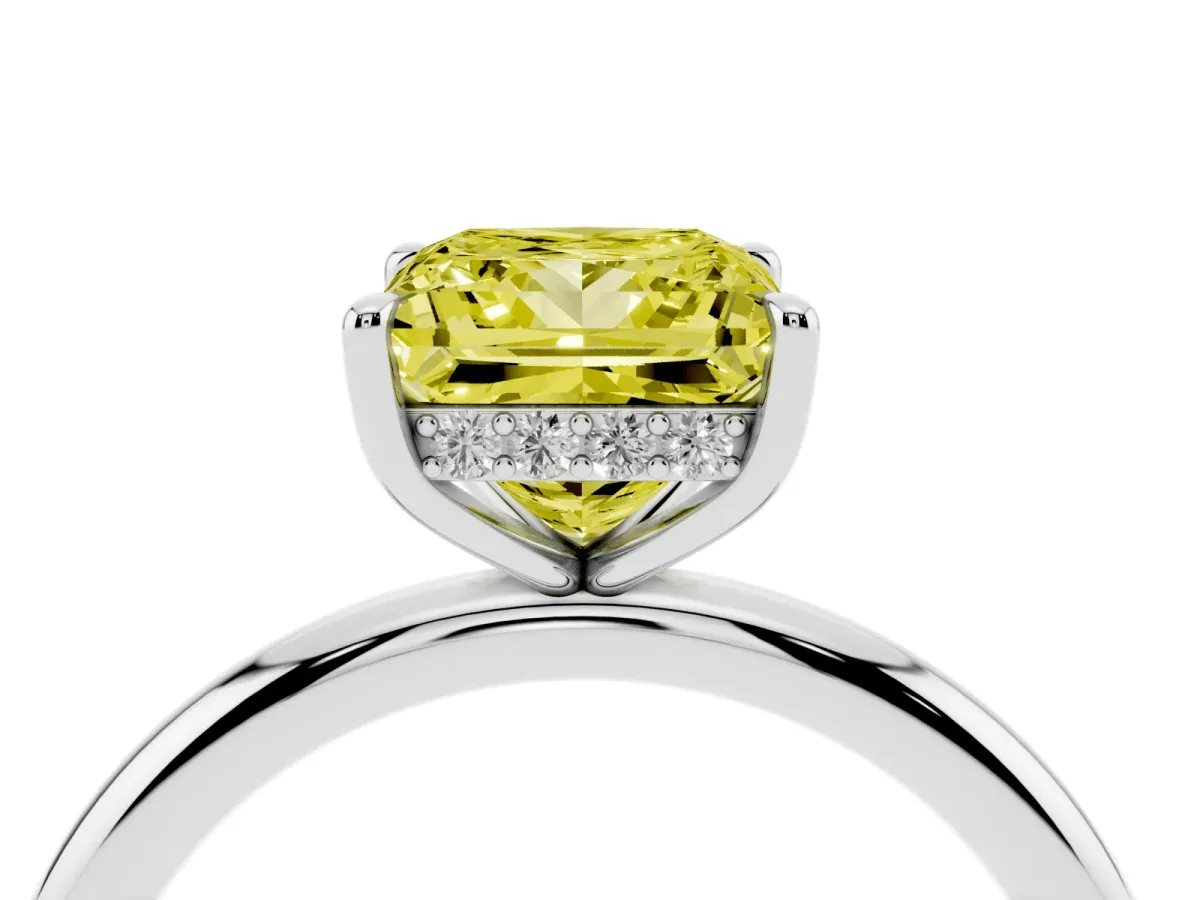 Fancy Yellow Princess Cut Diamond Solitaire Ring with Thin Band and Four-Prong Setting Platinum