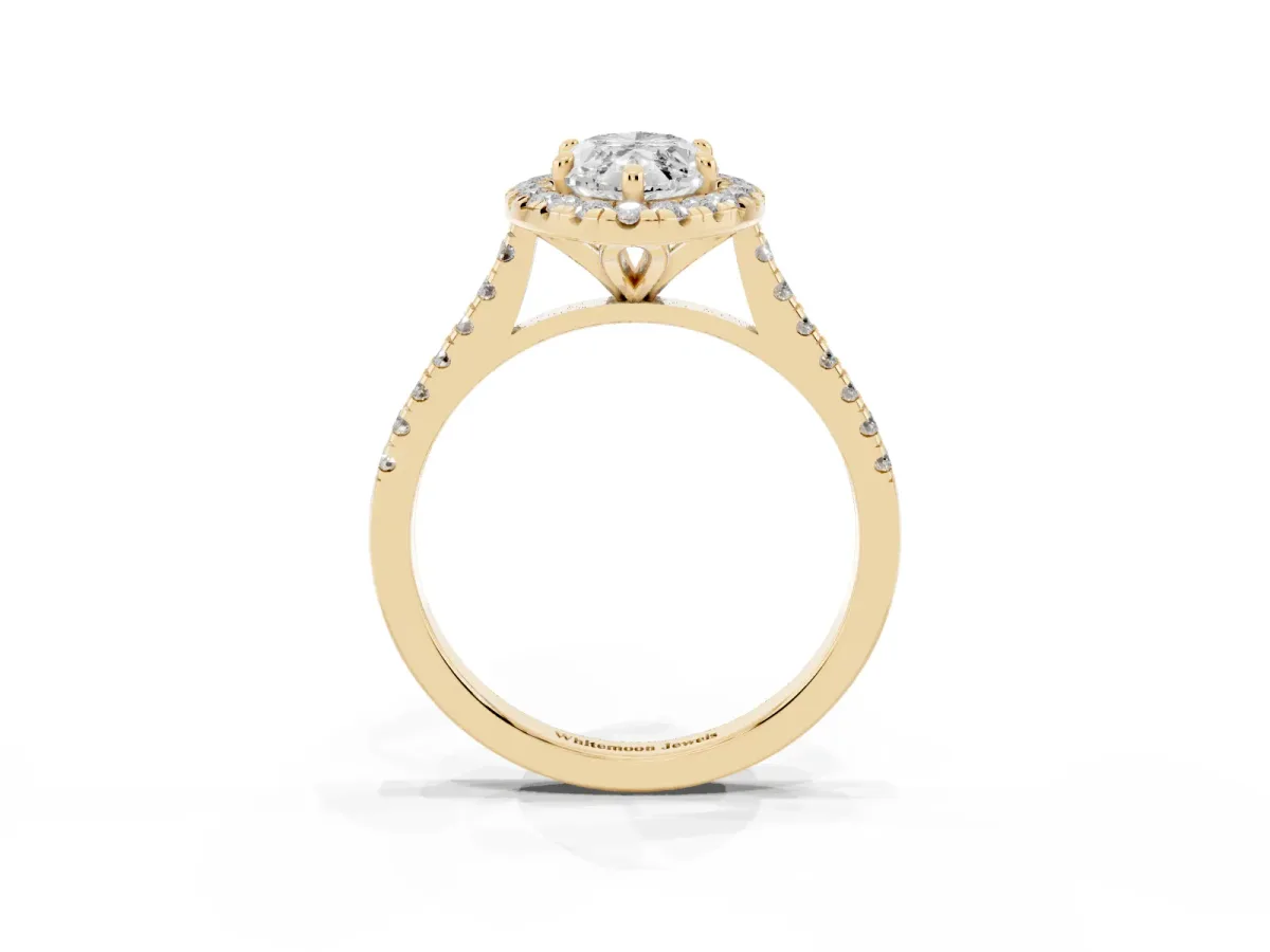 Marquise Cut Diamond Cushion Halo Ring with Pavé Band Yellow gold