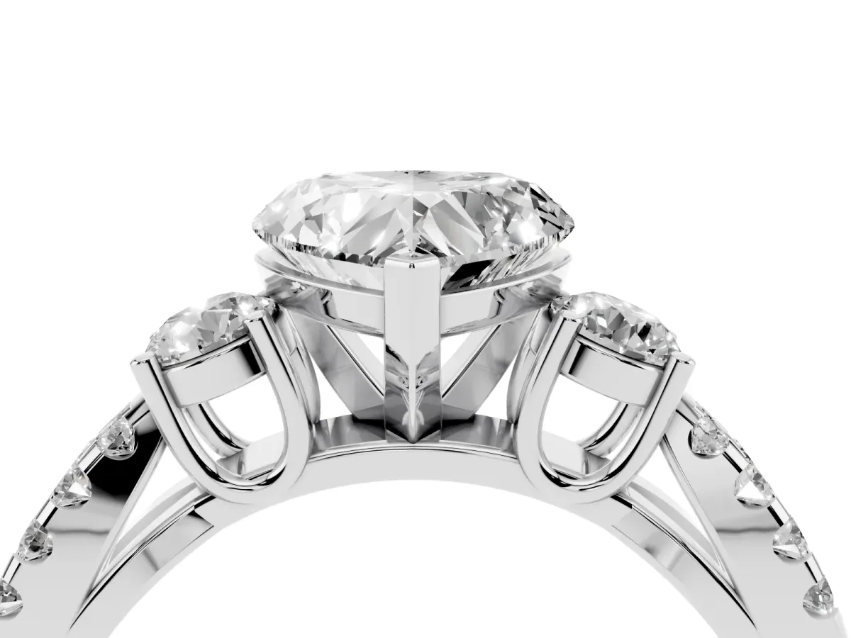 Heart Cut Diamond Three-Stone Ring with Pavé Split Shank and Four-Prong Setting White gold