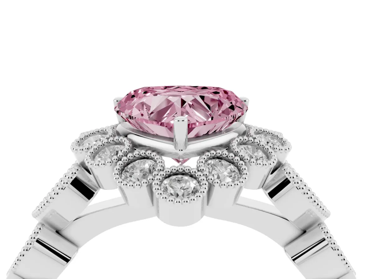 Fancy Pink Heart Cut Brilliant Milgrain Pave Heart Band Solitaire Ring Silver