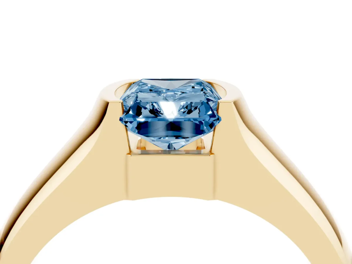 Fancy Blue Radiant Cut Solitaire Bezel Set Diamond Ring with Wide Band Yellow gold