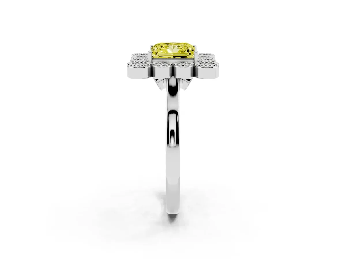 Fancy Yellow Princess Cut Halo Diamond Cluster Engagement Ring with Milgrain Bezel Setting and Solitaire Band Silver