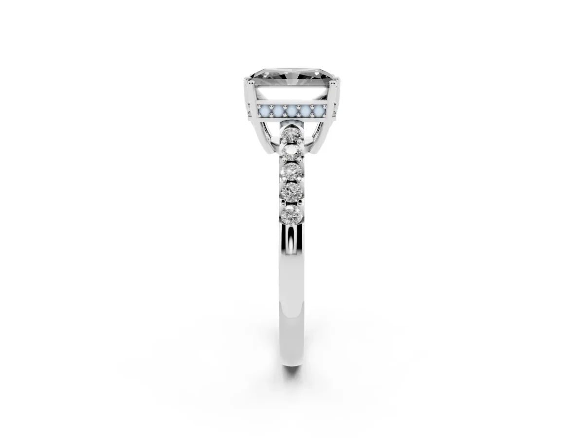 Fancy Black Radiant Cut Solitaire Diamond Engagement Ring with Pavé Band and Six-Prong Setting Silver