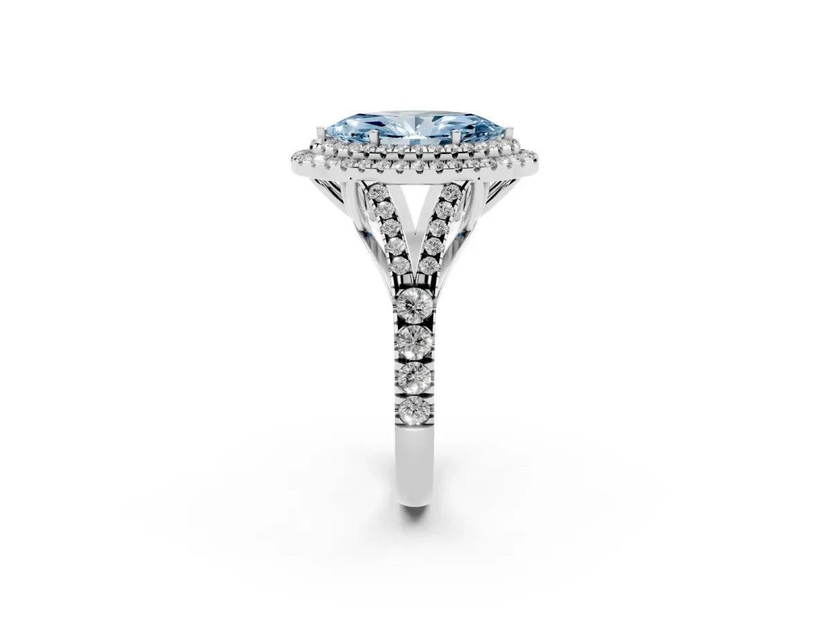 Fancy Blue Marquise Cut Diamond Pavé Split Shank Double Halo Engagement Ring Platinum