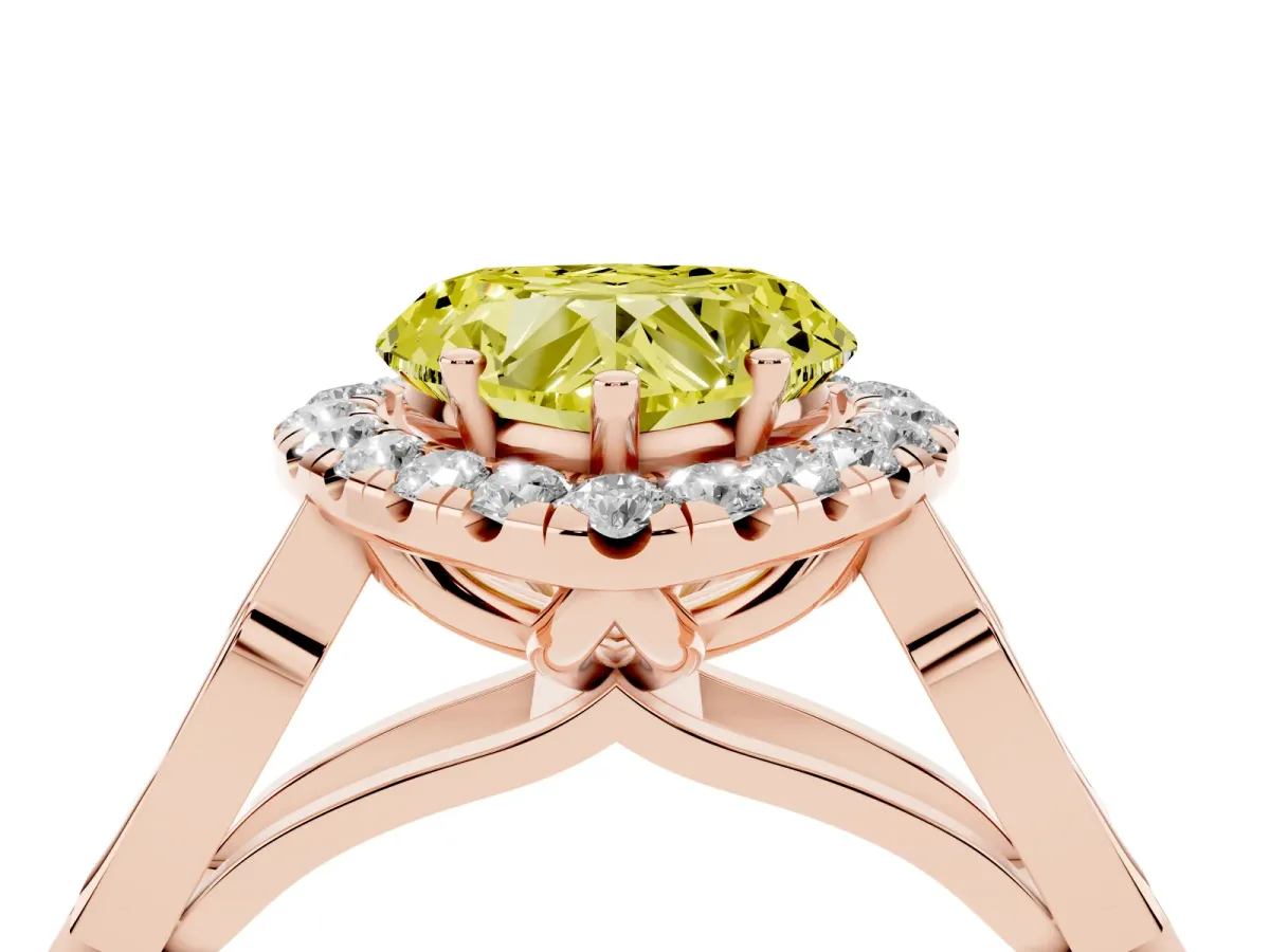 Fancy Yellow Heart Cut Halo Diamond Engagement Ring with Filigree Band and Four-Prong Setting Rose gold