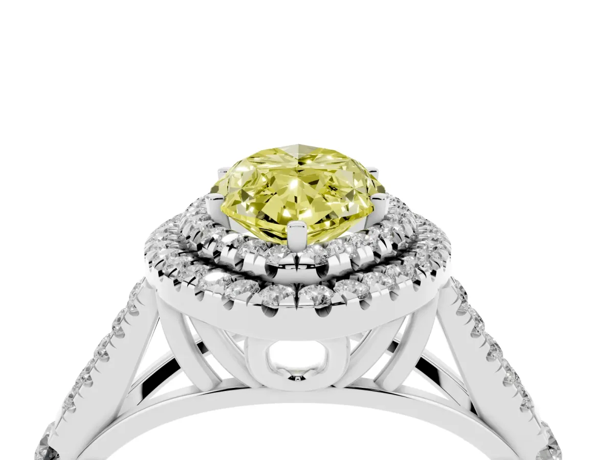 Fancy Yellow Marquise Cut Cut Double Halo Split Shank Diamond Ring with Prong Setting Silver