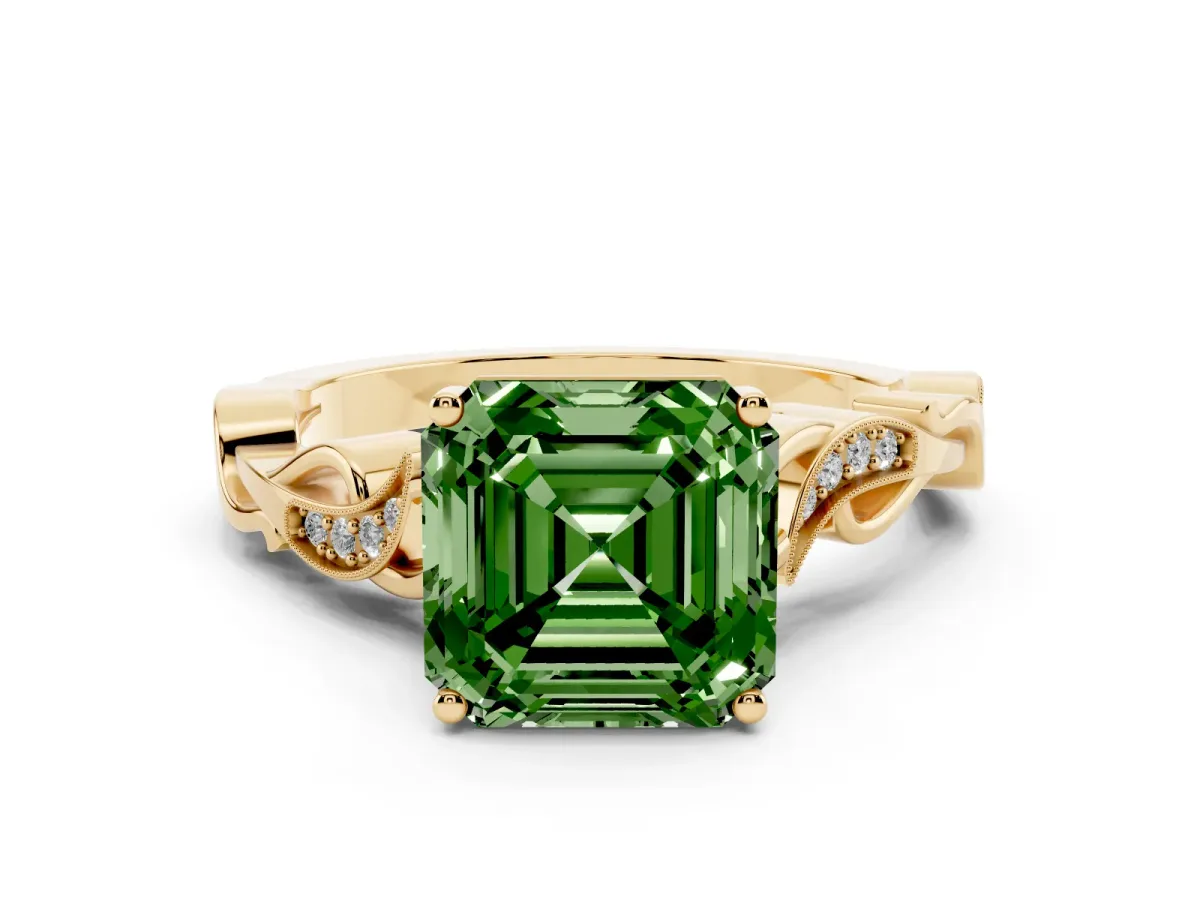 Fancy Green Asscher Cut Solitaire Vine Band with Milgrain Prong Setting Yellow gold
