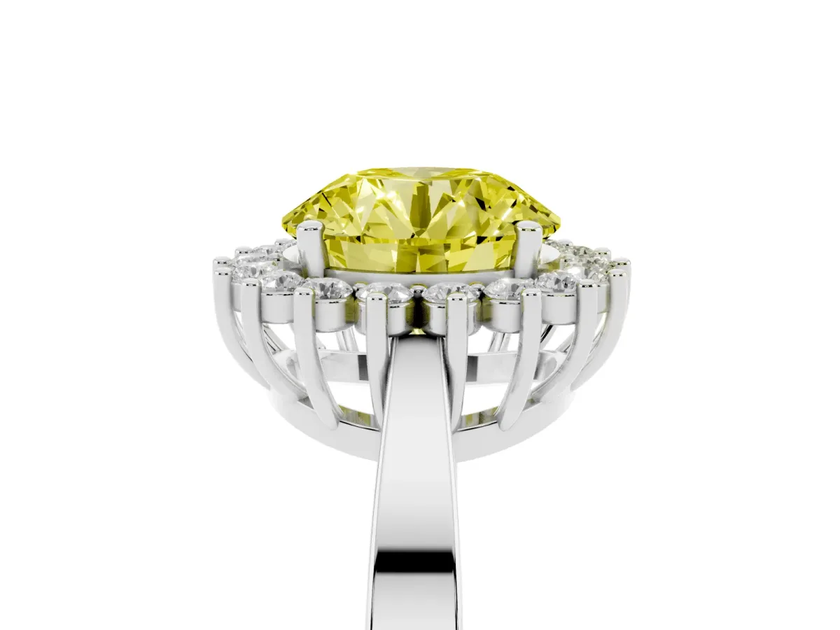 Fancy Yellow Round Cut Cut Diamond Halo Ring with Round Brilliant Halo and Solitaire Band Silver