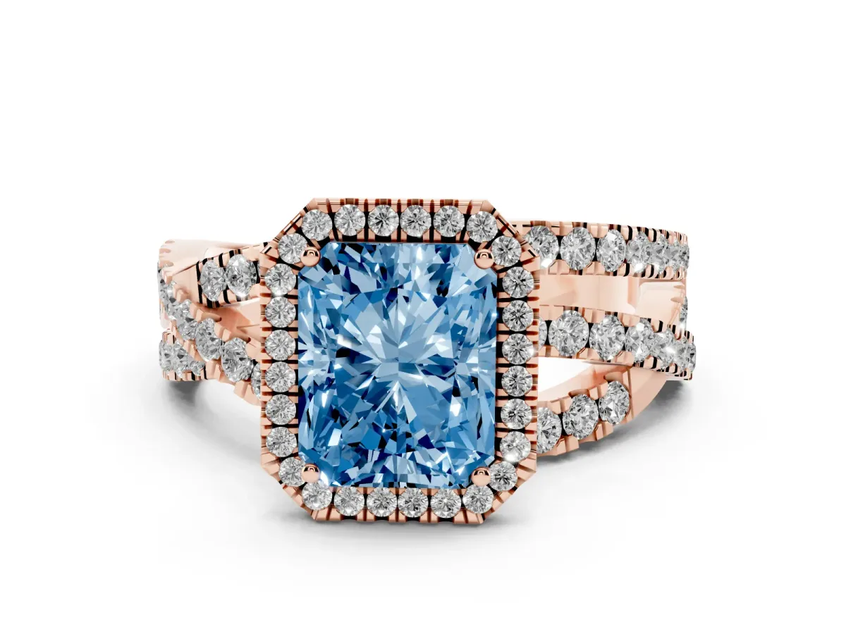 Fancy Blue Radiant Cut Diamond Halo Ring with Round Split Shank and Prong Setting Rose gold