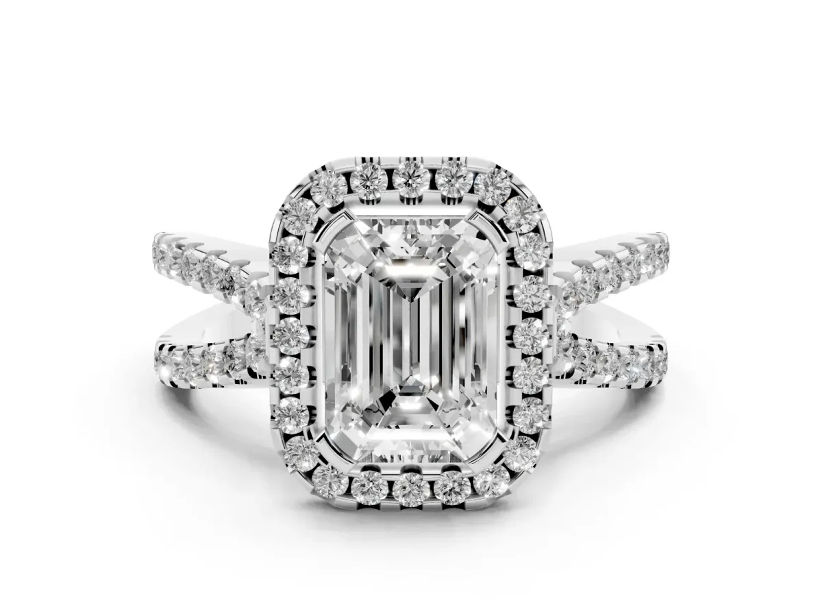 Emerald Cut Diamond Halo Ring with Split Shank Pavé Band and Prong Setting Platinum