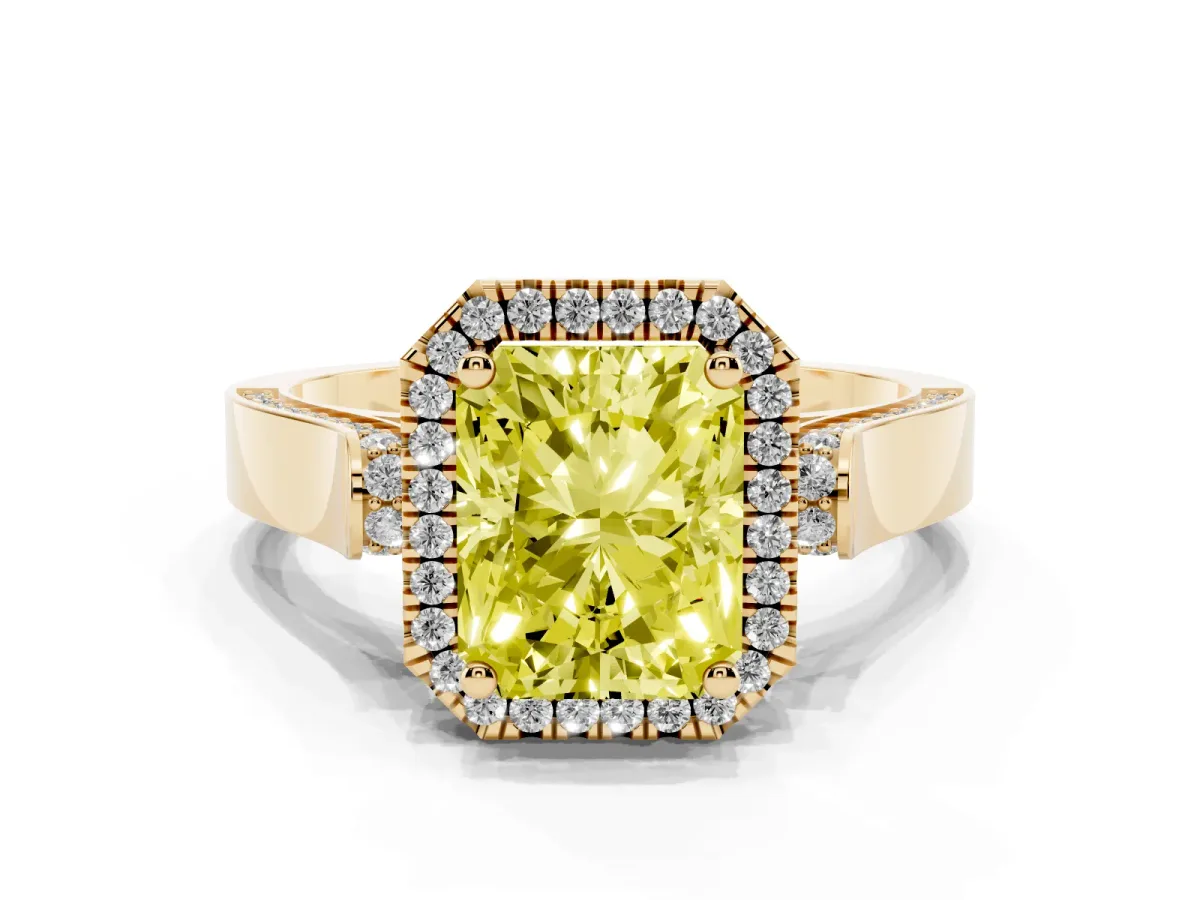 Fancy Yellow Radiant Cut Halo Round Diamond Twist Band with Four-Prong Setting Yellow gold