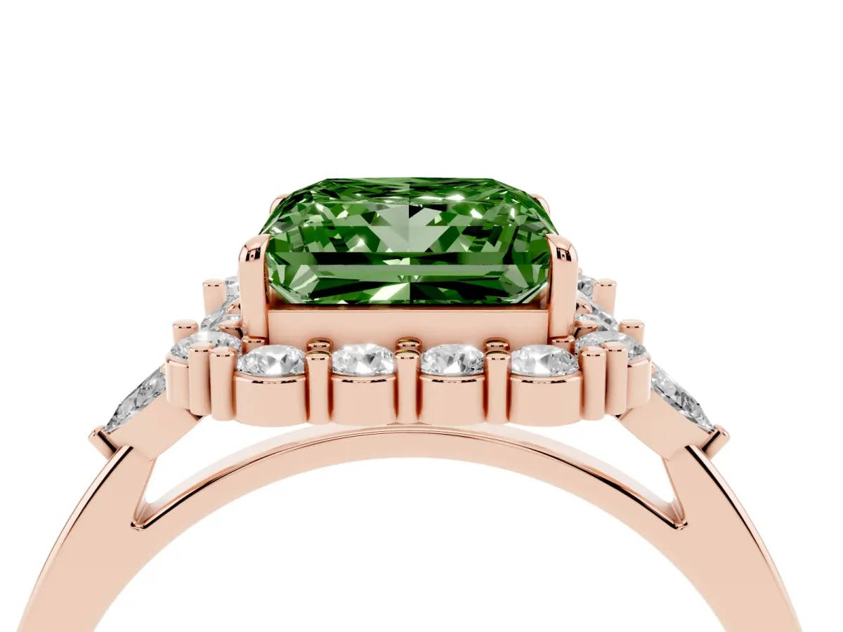 Fancy Green Princess Cut Diamond Halo Ring with Pear Side Stones and Prong Setting Rose gold