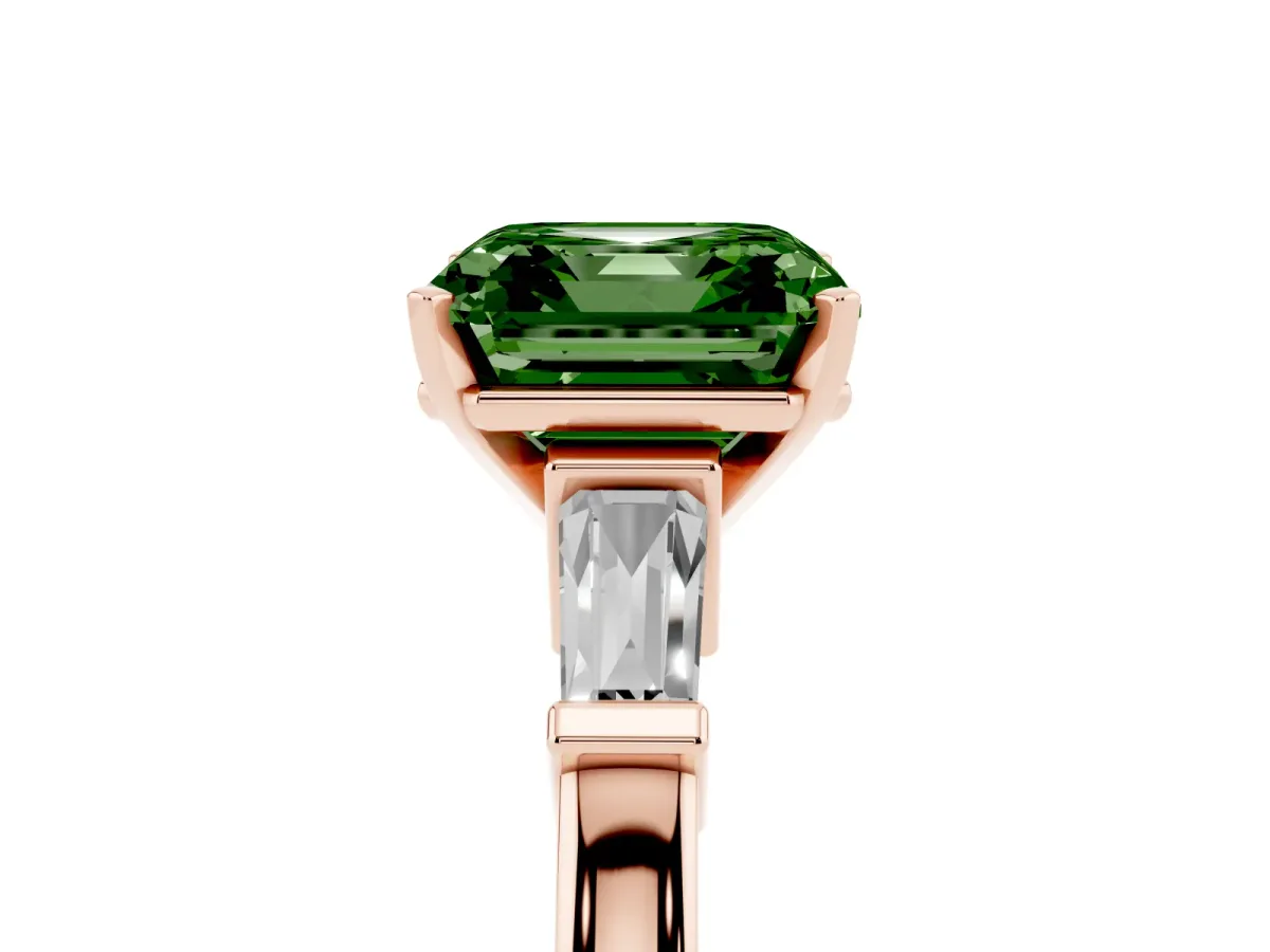 Fancy Green Asscher Cut Cut Diamond Solitaire Ring with Tapered Baguette Accents and Four-Prong Setting Rose gold