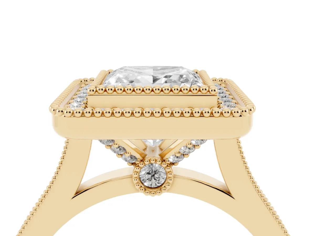 Princess Cut Diamond Halo Ring with Milgrain Frame and Pavé Band Yellow gold