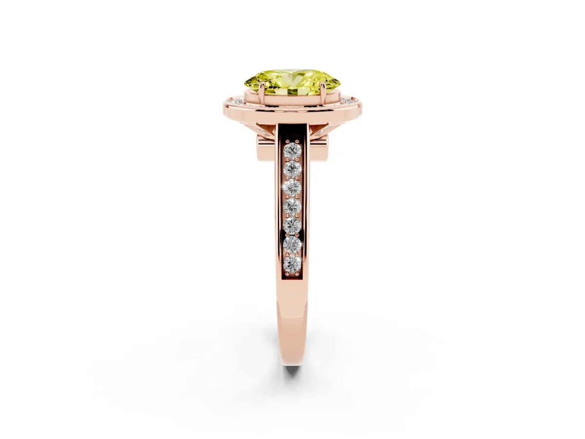 Fancy Yellow Oval Cut Halo Solitaire Diamond Ring with Pave Band and Bezel Setting Rose gold
