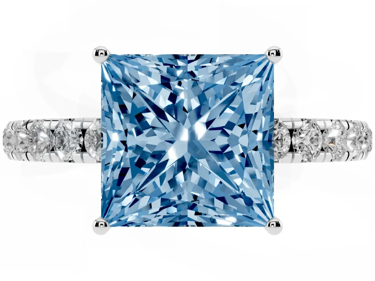 Fancy Blue Princess Cut Diamond Pavé Solitaire Engagement Ring with Four-Prong Setting Silver