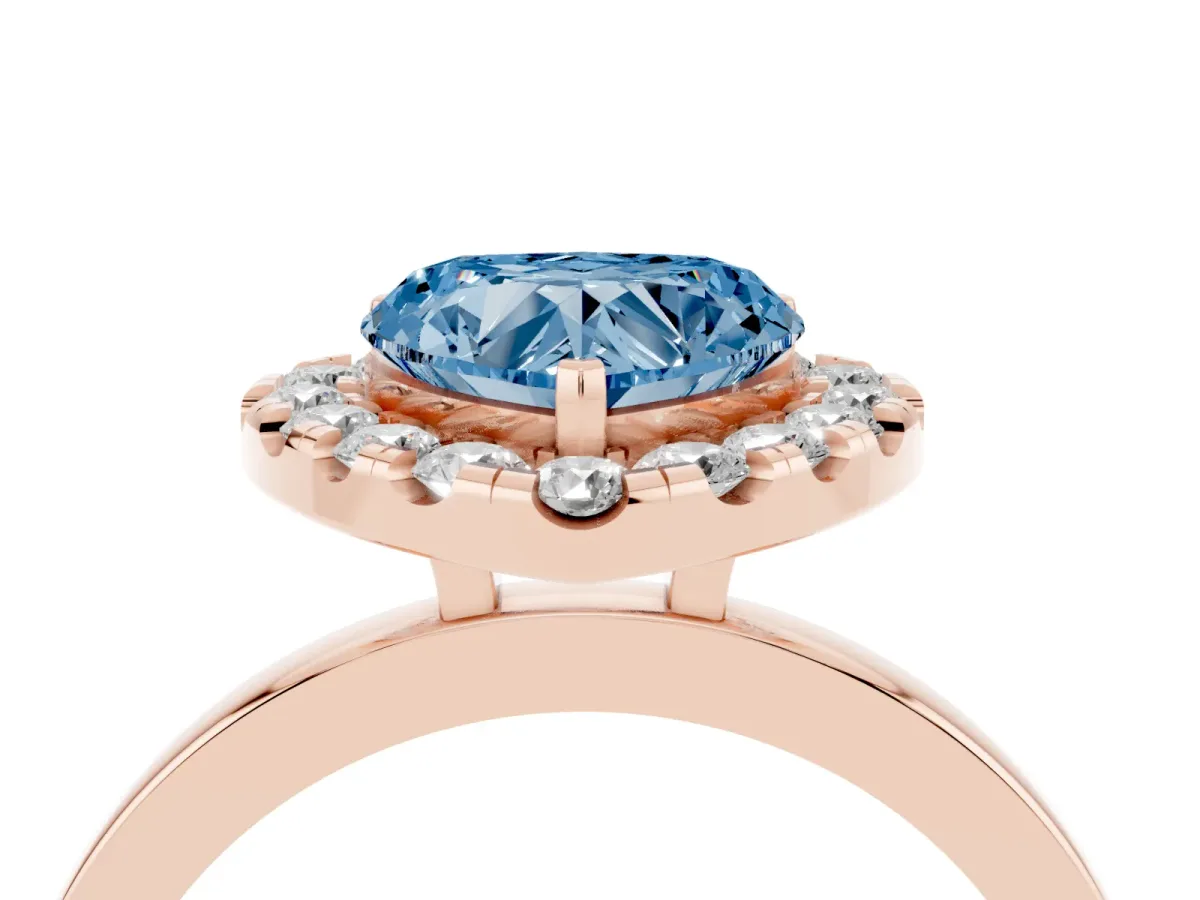 Fancy Blue Heart Cut Halo Diamond Solitaire with Pavé Band and Four-Prong Setting Rose gold