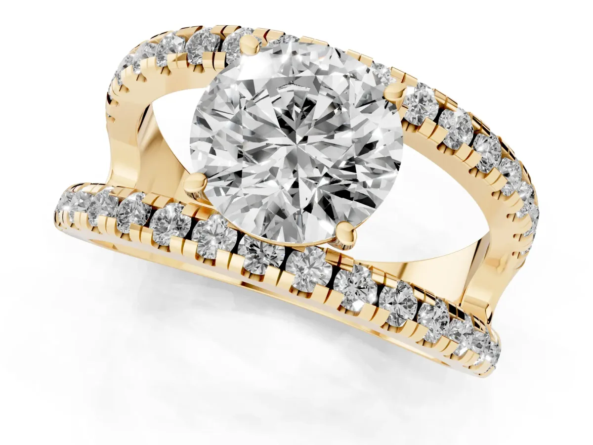 Round Cut Solitaire Split Shank Pave Diamond Ring Yellow gold