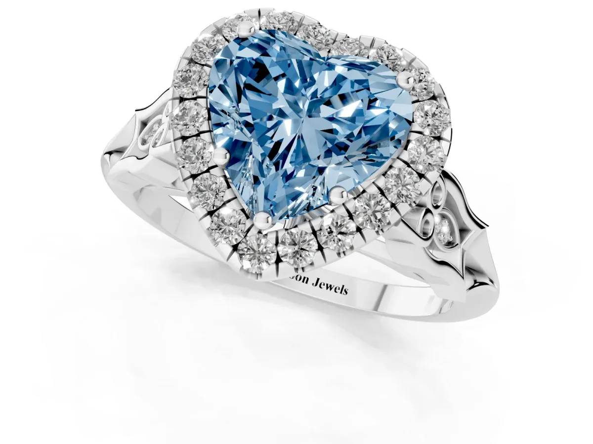 Fancy Blue Heart Cut Halo Diamond Engagement Ring with Filigree Band and Four-Prong Setting Silver