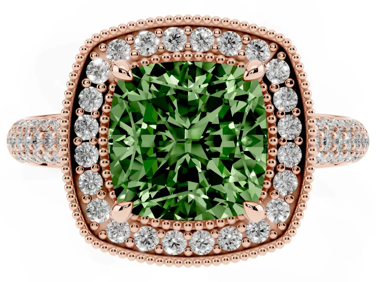 Fancy Green Cushion Cut Cut Halo Diamond Pave Band with Four-Prong Setting Rose gold