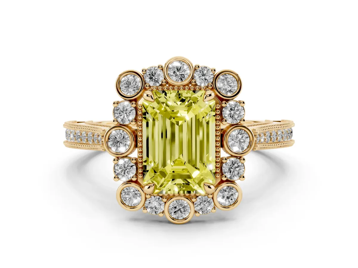 Fancy Yellow Emerald Cut Halo Milgrain Pave Diamond Ring with Four-Prong Setting Yellow gold