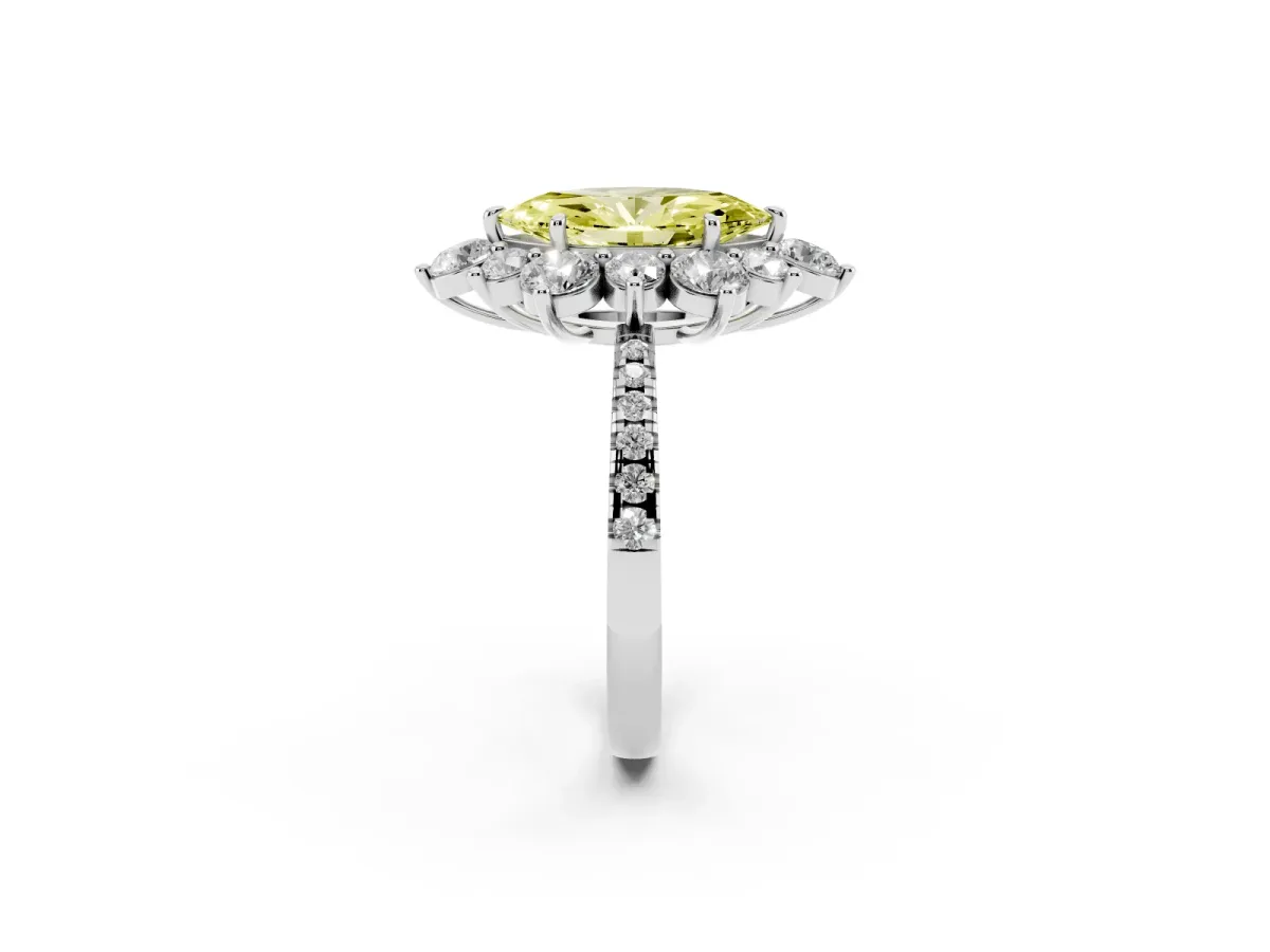 Fancy Yellow Marquise Cut Diamond Floral Halo Ring with Round Pavé Band and Prong Setting Silver