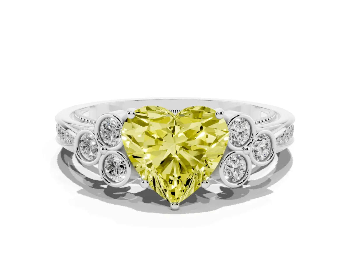 Fancy Yellow Heart Cut Cut Diamond Engagement Ring with Bezel Set Round Side Stones and Prong Setting White gold
