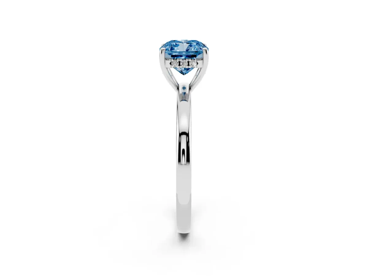 Fancy Blue Cushion Cut Solitaire Diamond Ring with Prong Setting and Plain Band Silver