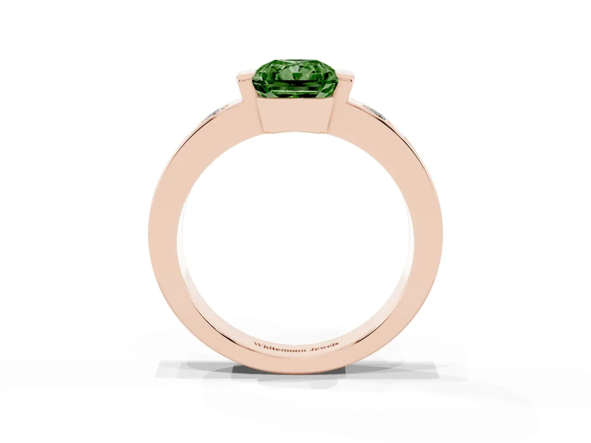 Fancy Green Radiant Cut Brilliant Channel-Set Diamond Ring with Bezel Prong Setting Rose gold