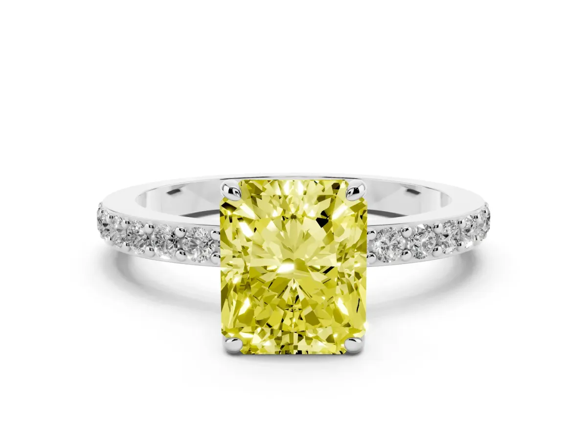 Fancy Yellow Radiant Cut Diamond Pavé Engagement Ring with Round Accents and Prong Setting White gold