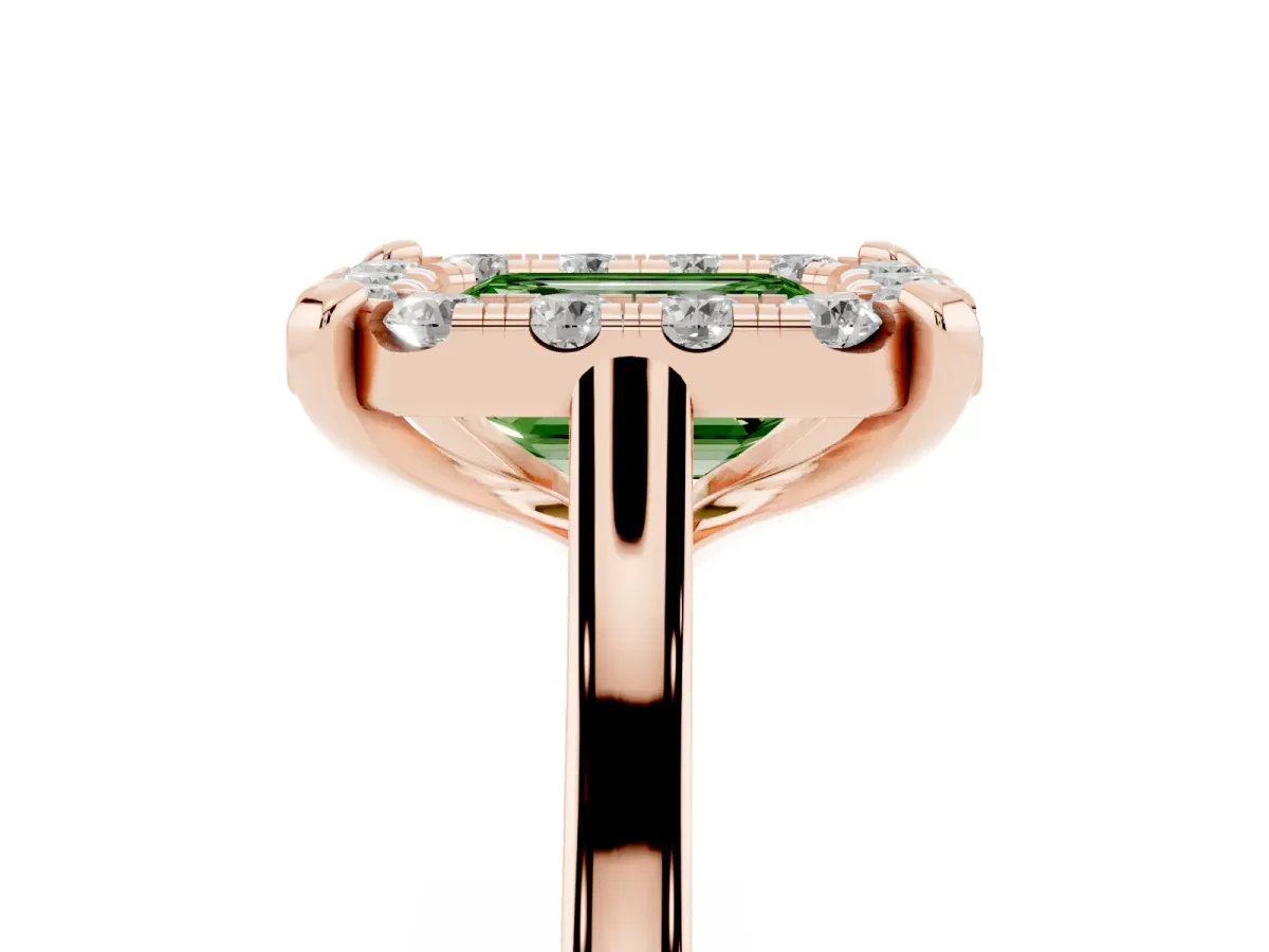 Fancy Green Emerald Cut Diamond Cluster Halo Solitaire with Four-Prong Setting Rose gold