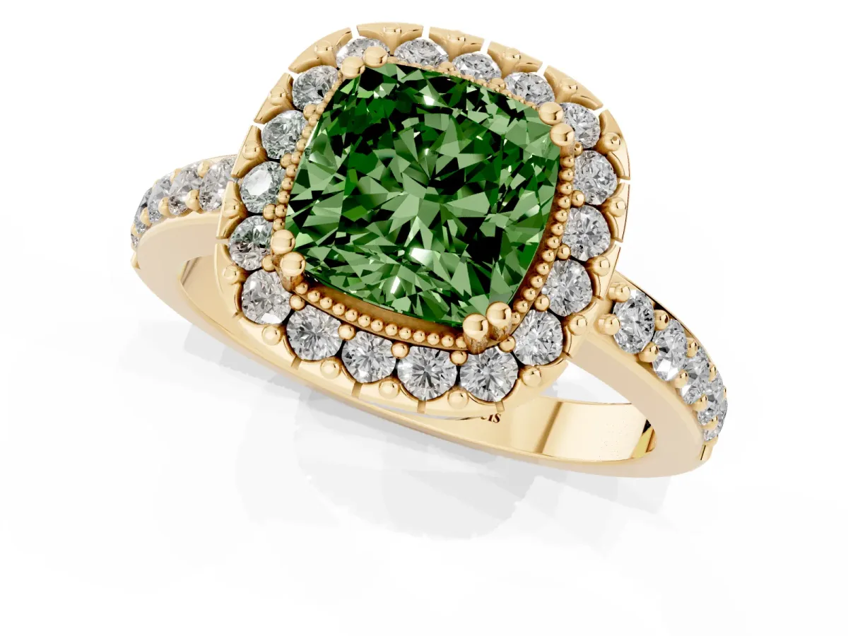 Fancy Green Cushion Cut Diamond Halo Ring with Pavé Band and Prong Setting Yellow gold
