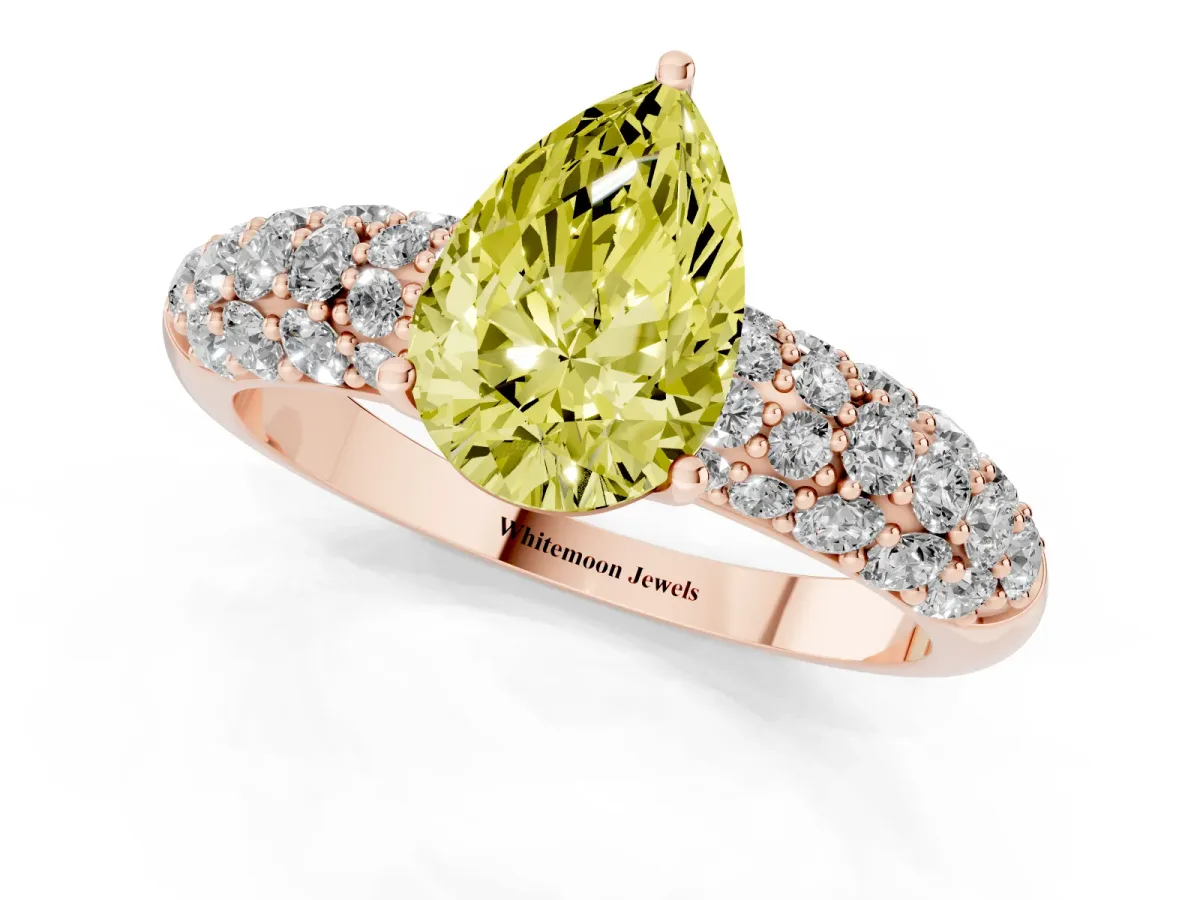 Fancy Yellow Pear Cut Diamond Pavé Band Solitaire Ring with Four-Prong Setting Rose gold
