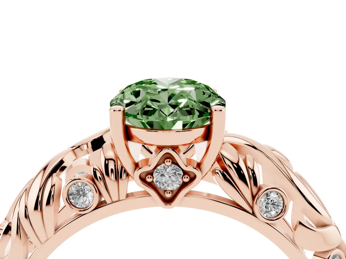 Fancy Green Oval Cut Solitaire Diamond Leaf-Inspired Vine Band Ring with Prong Setting Rose gold