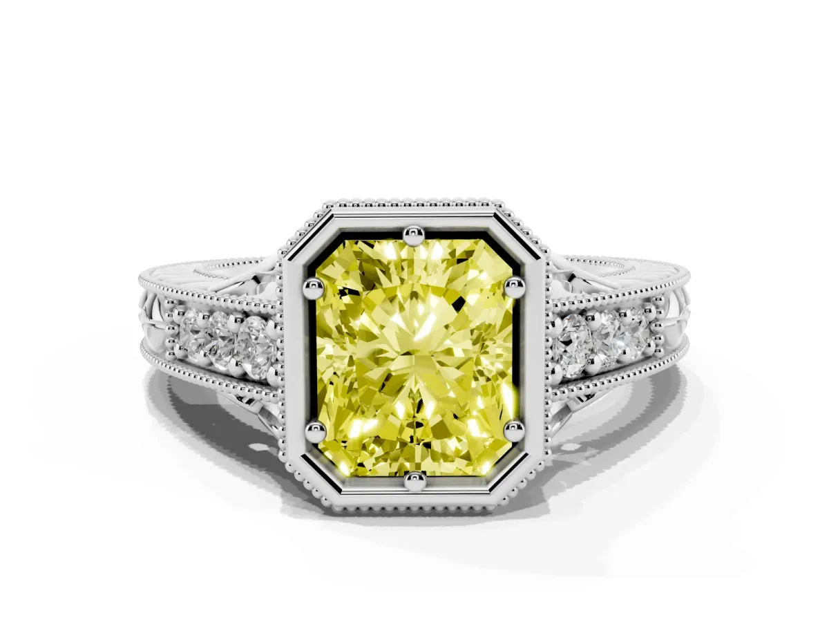 Fancy Yellow Bezel Set Radiant Cut Diamond Milgrain Pave Engagement Ring Silver