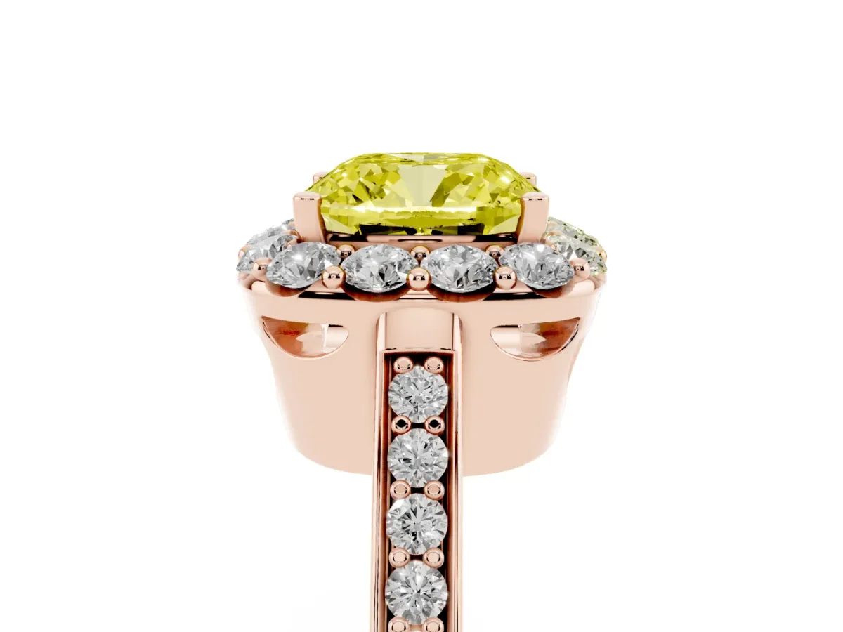 Fancy Yellow Cushion Cut Diamond Floral Halo Ring with Pavé Band and Prong Setting Rose gold