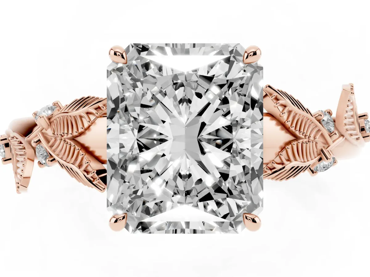 Radiant Cut Diamond Solitaire Ring with Leaf Motif Band and Four-Prong Setting Rose gold