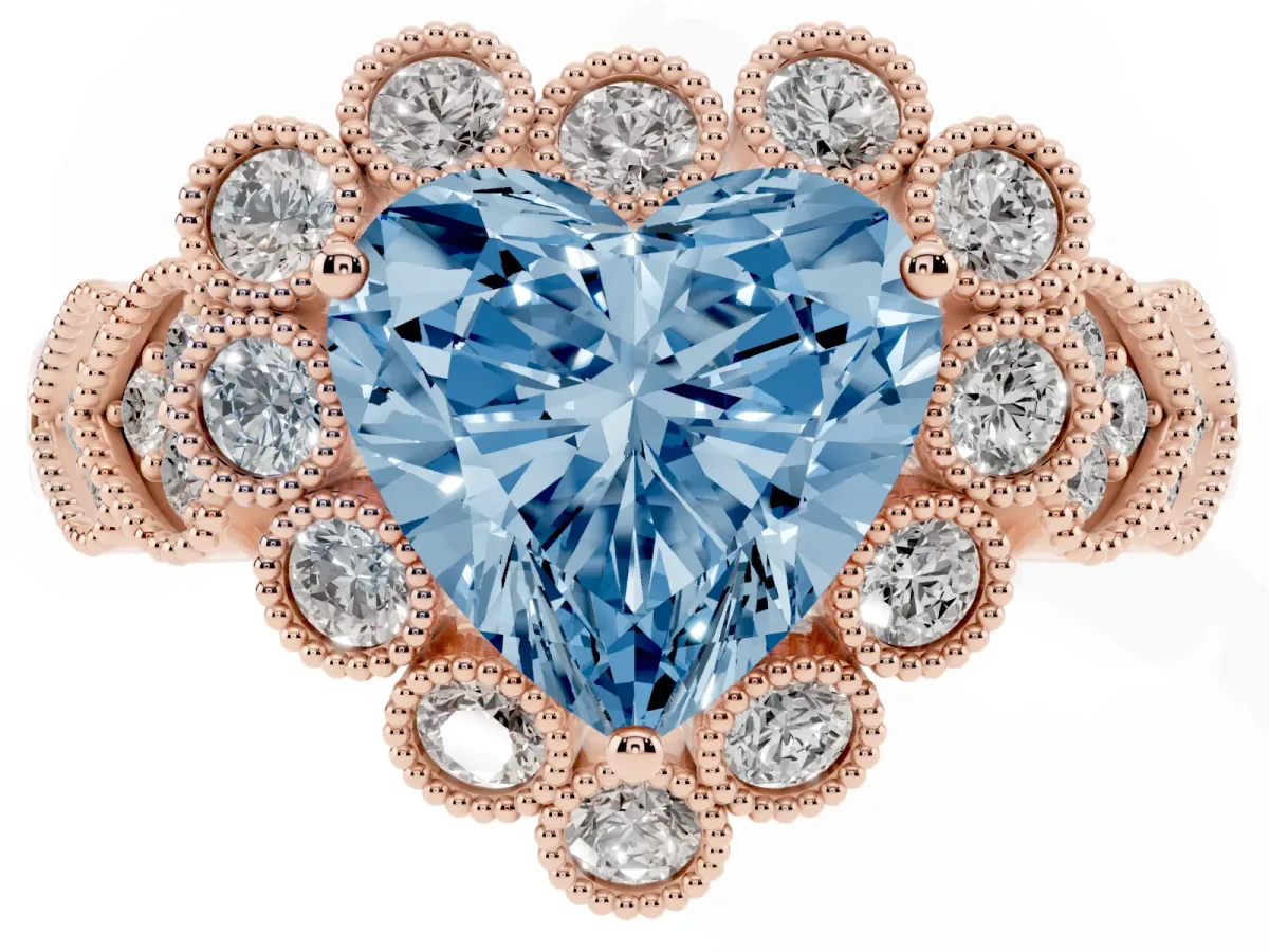 Fancy Blue Heart Cut Brilliant Milgrain Pave Heart Band Solitaire Ring Rose gold