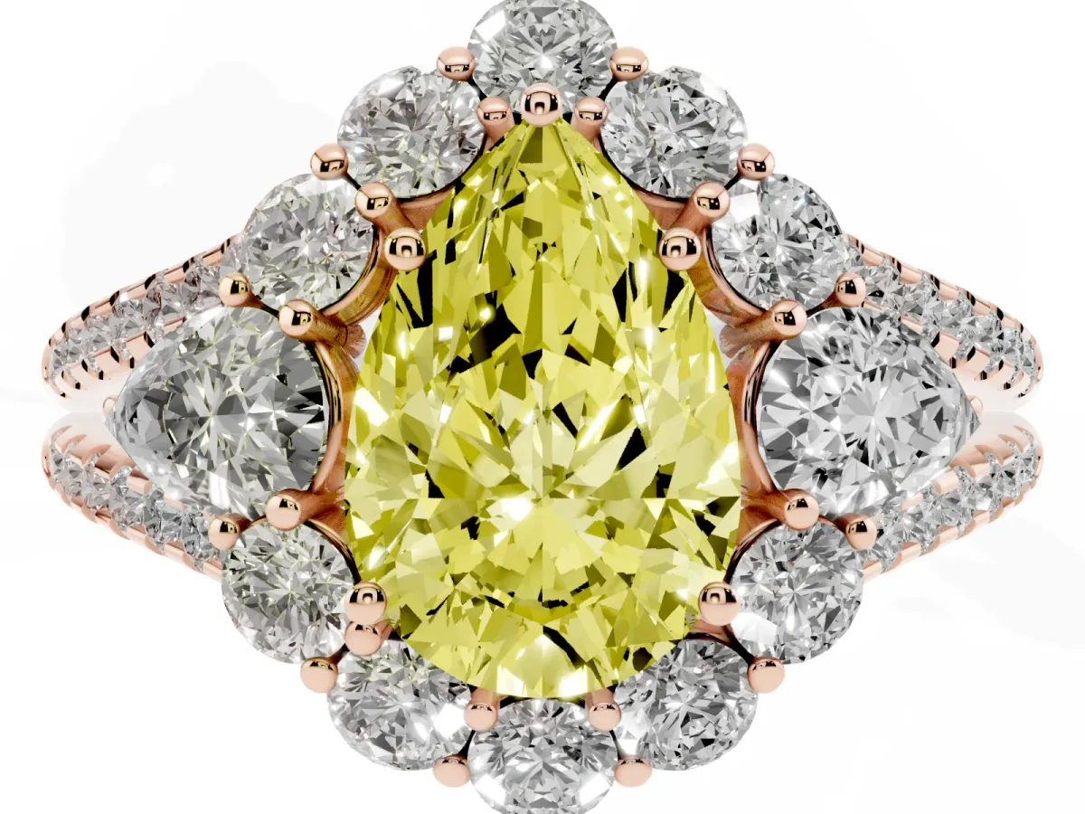 Fancy Yellow Pear Cut Halo Split Shank Diamond Engagement Ring with Prong Setting Rose gold