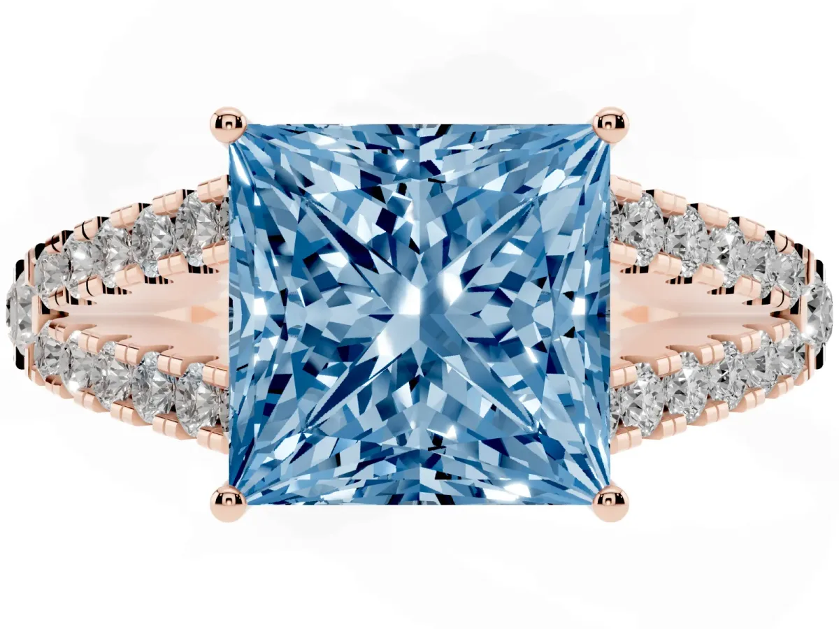 Fancy Blue Princess Cut Diamond Split Shank Pavé Engagement Ring with Four-Prong Setting Rose gold
