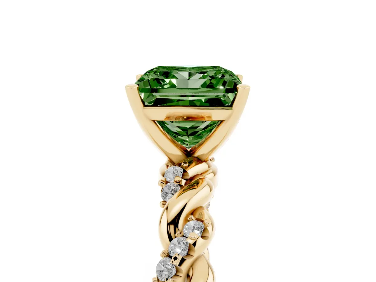 Fancy Green Princess Cut Diamond Solitaire Ring with Twisted Band and Pavé Accents Yellow gold