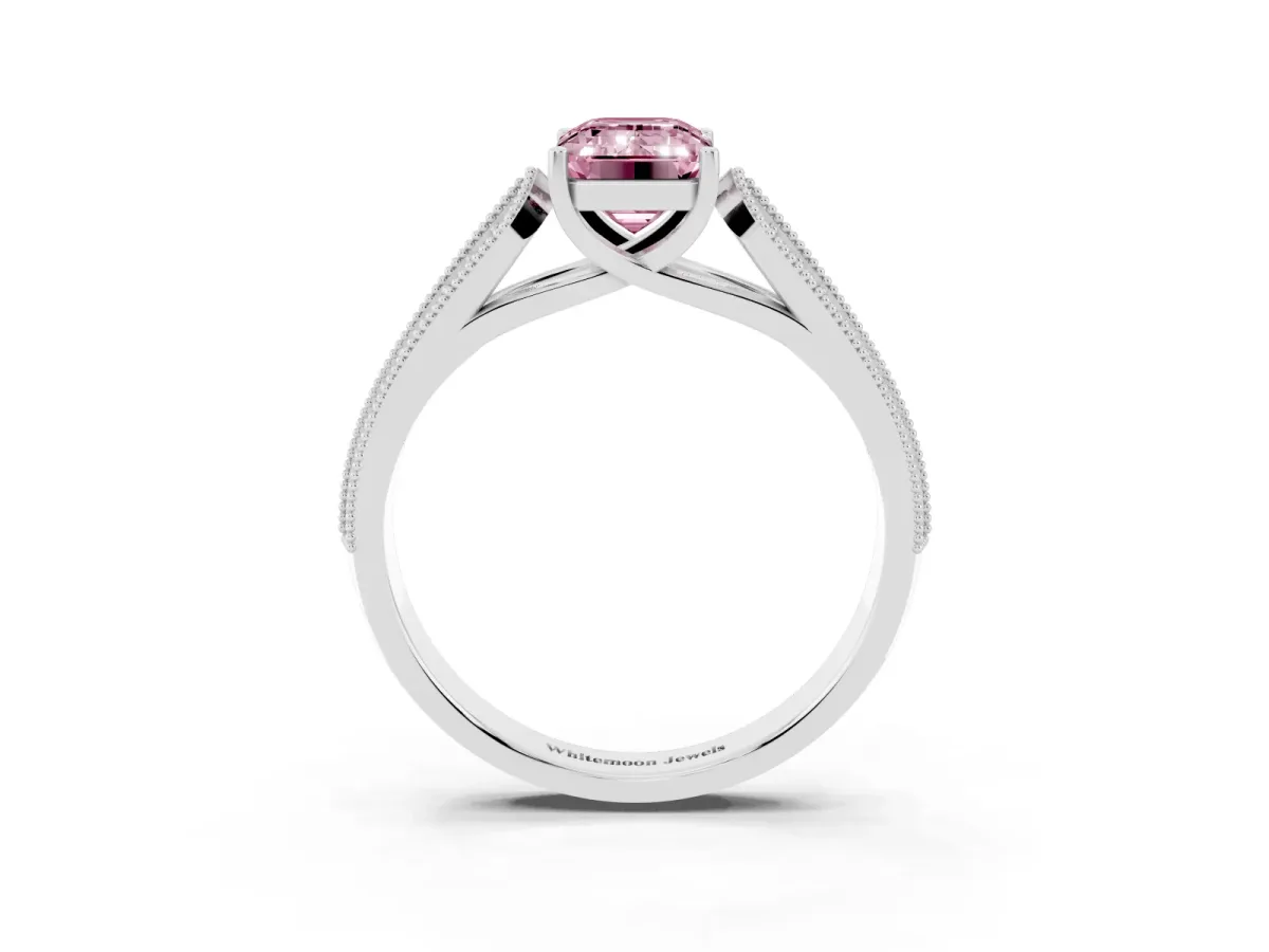 Fancy Pink Emerald Cut Cut Pave Split Shank Engagement Ring with Four-Prong Setting White gold