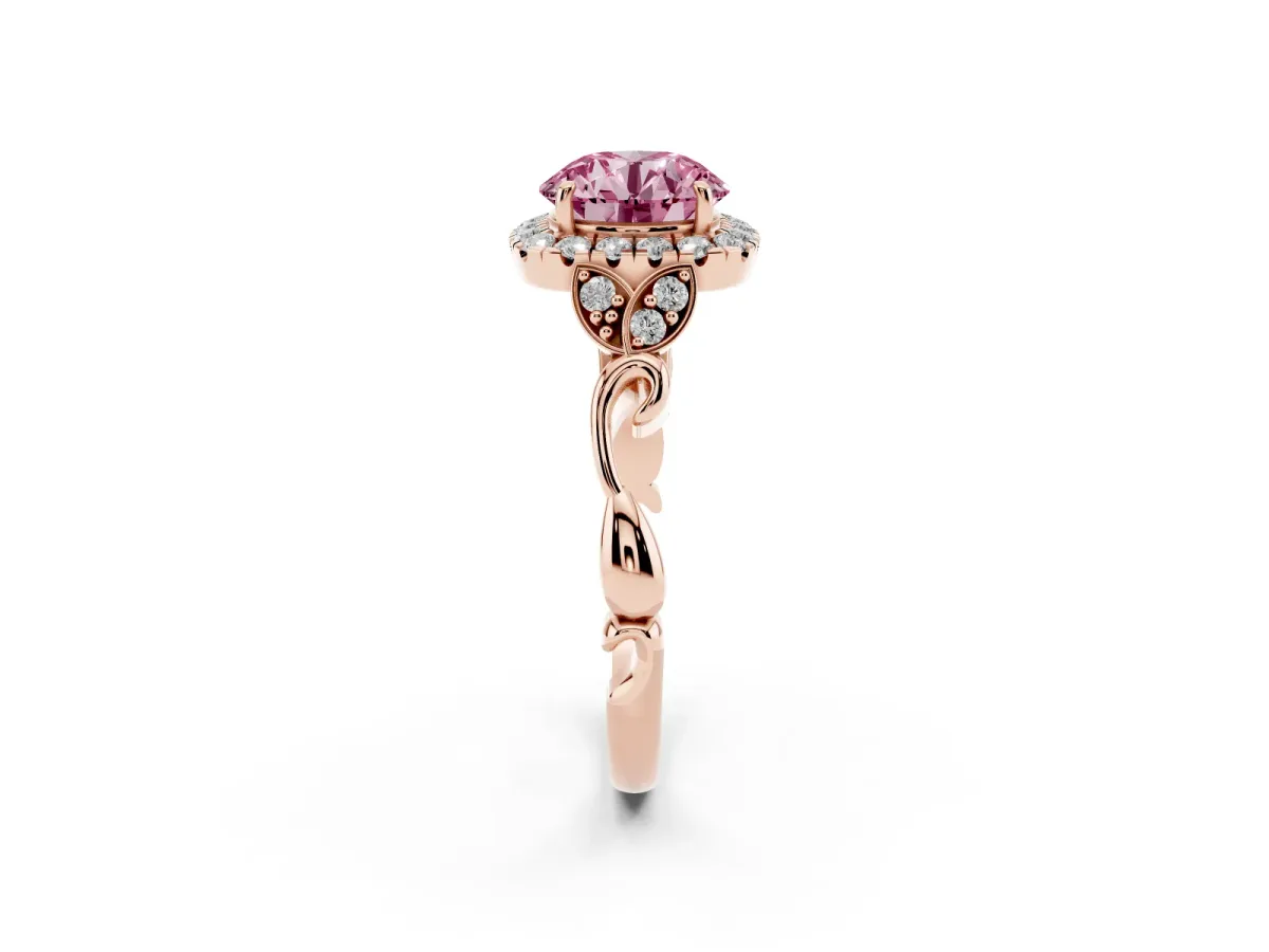 Fancy Pink Round Cut Halo Diamond Engagement Ring with Vintage-Inspired Band and Four-Prong Setting Rose gold