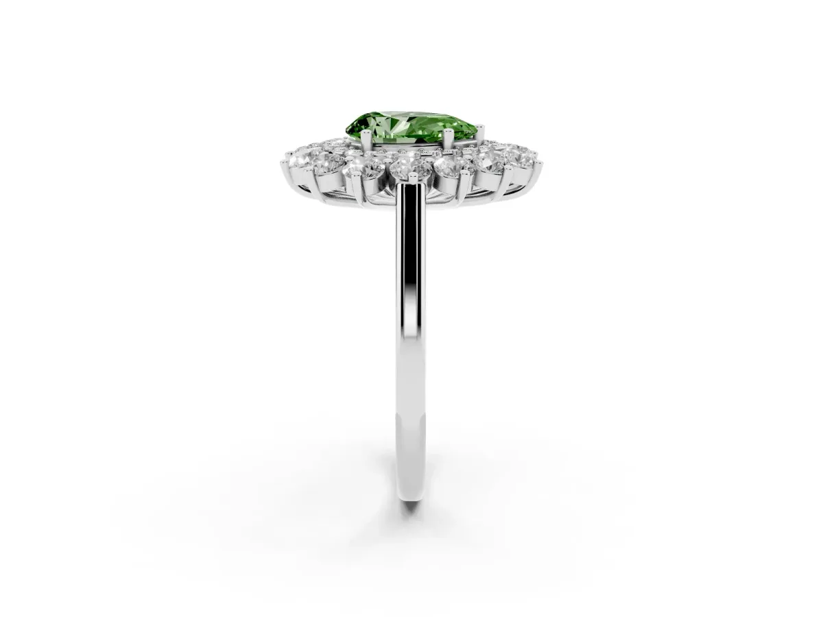 Fancy Green Pear Cut Diamond Floral Double Halo Engagement Ring with Prong Setting Silver