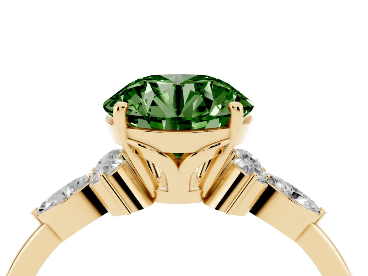 Fancy Green Round Cut Brilliant Diamond Solitaire Ring with Pear Side Stones and Four-Prong Setting Yellow gold
