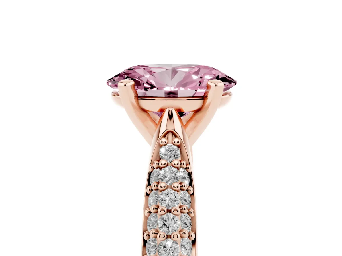 Fancy Pink Oval Cut Diamond Solitaire Engagement Ring with Multi-Row Round Pavé Band and Prong Setting Rose gold