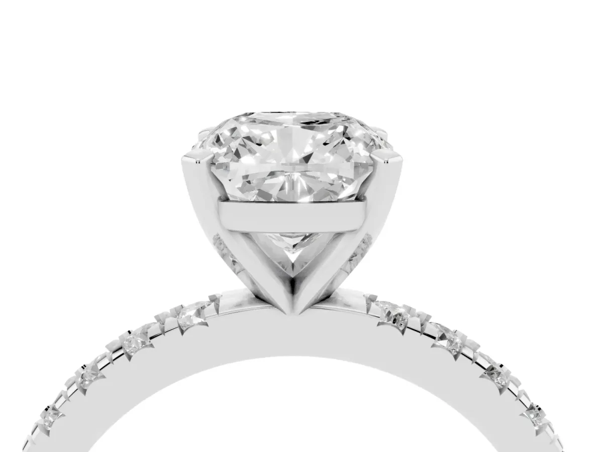 Cushion Cut Diamond Pavé Band Solitaire with Four-Prong Setting Platinum