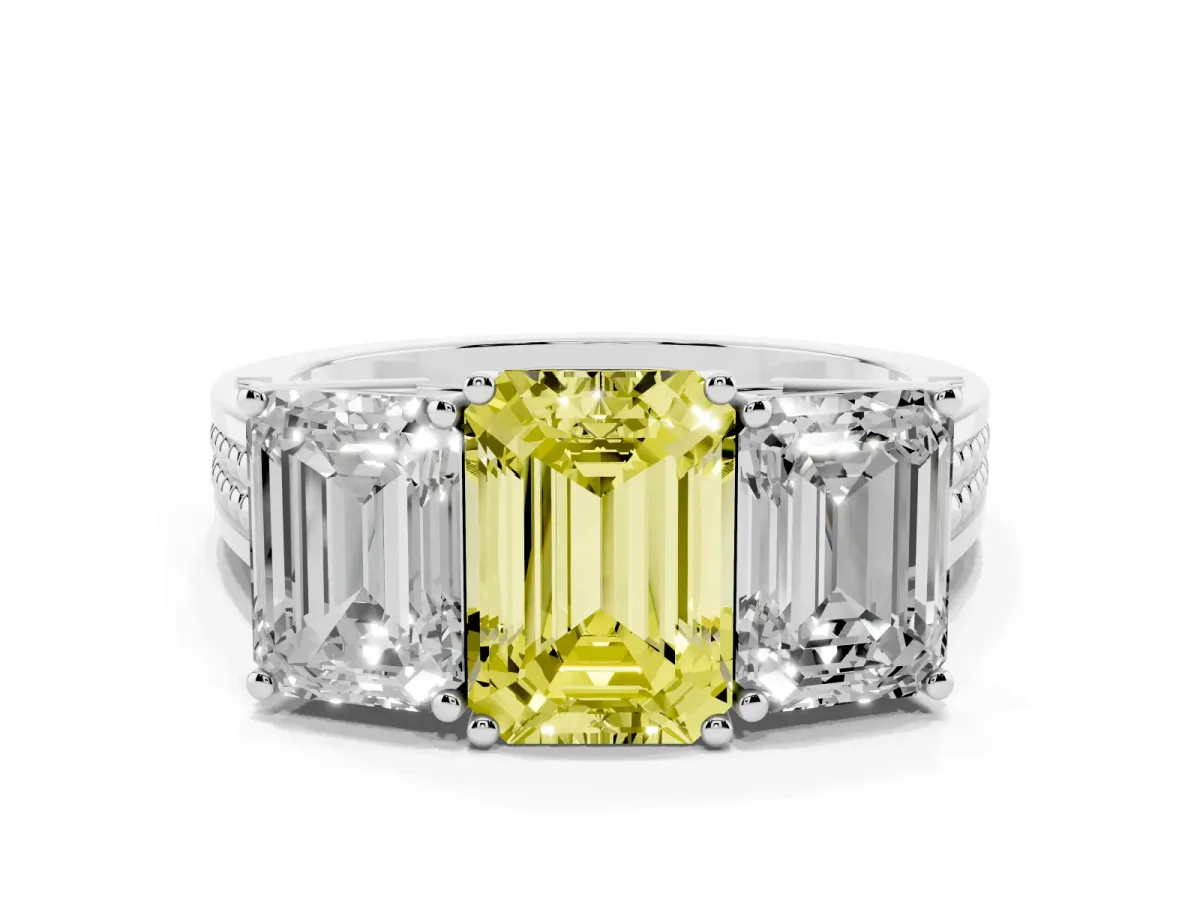 Fancy Yellow Emerald Cut Diamond Three-Stone Ring with Prong Setting and Textured Band Silver