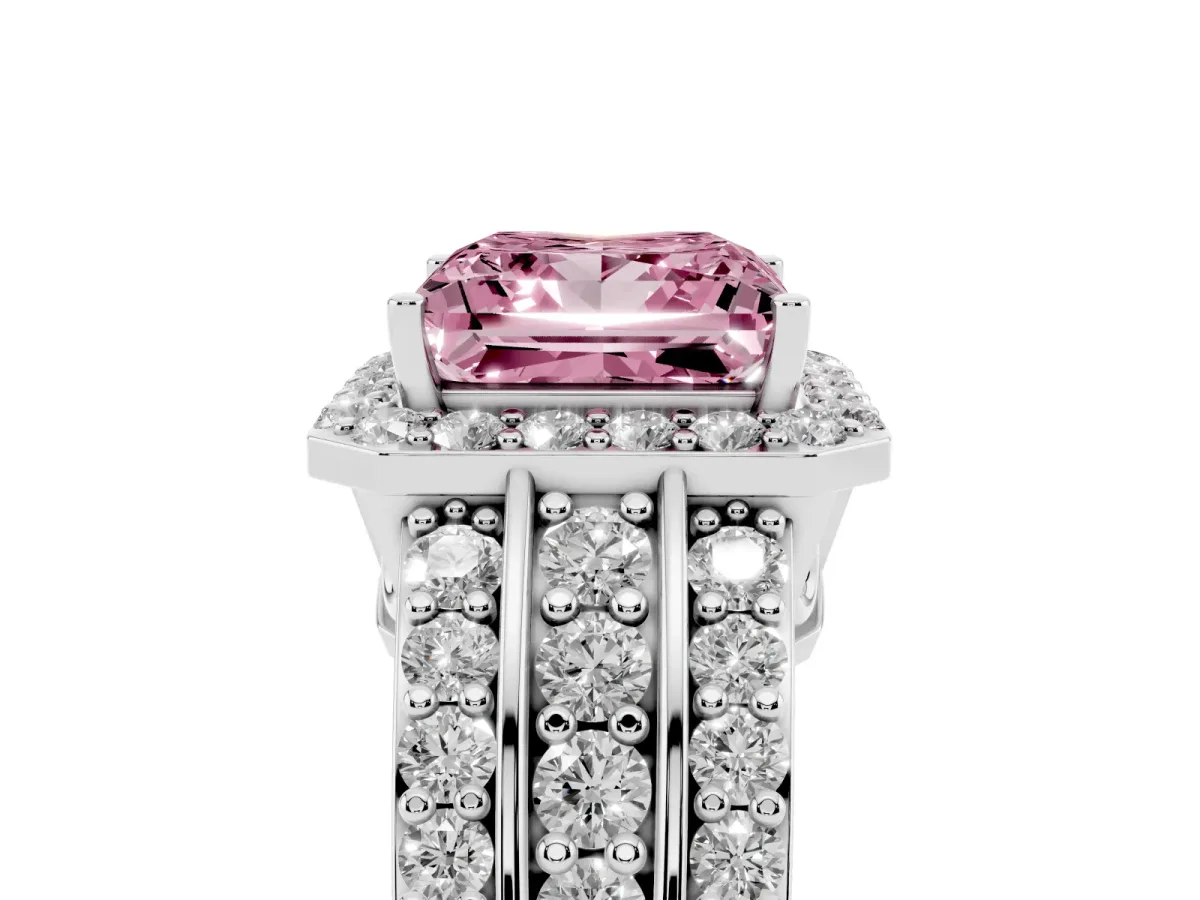 Fancy Pink Princess Cut Halo Diamond Ring with Round Split Shank and Prong Setting Silver