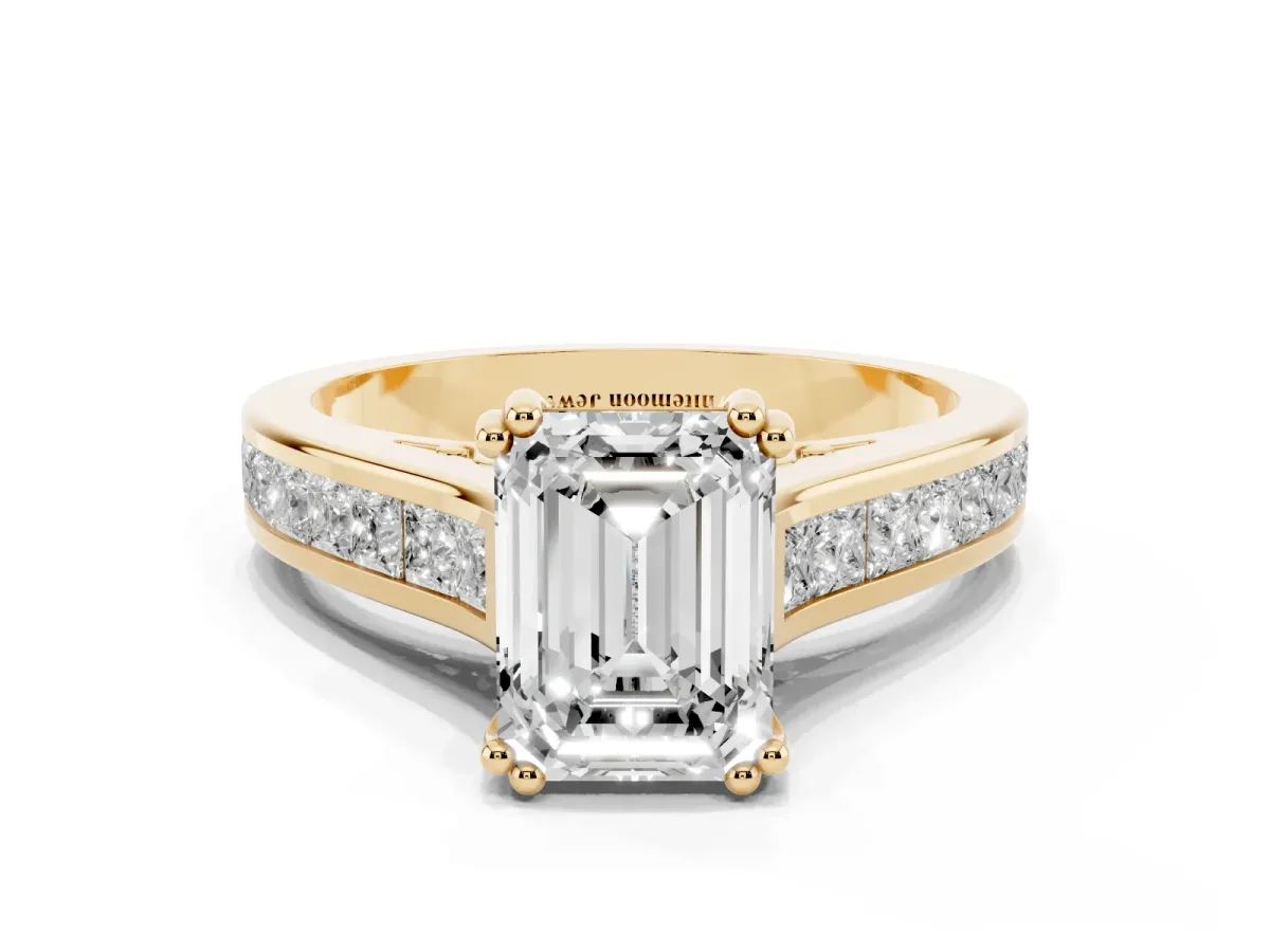 Emerald Cut Cut Channel Set Solitaire Engagement Ring with Prong Setting Yellow gold